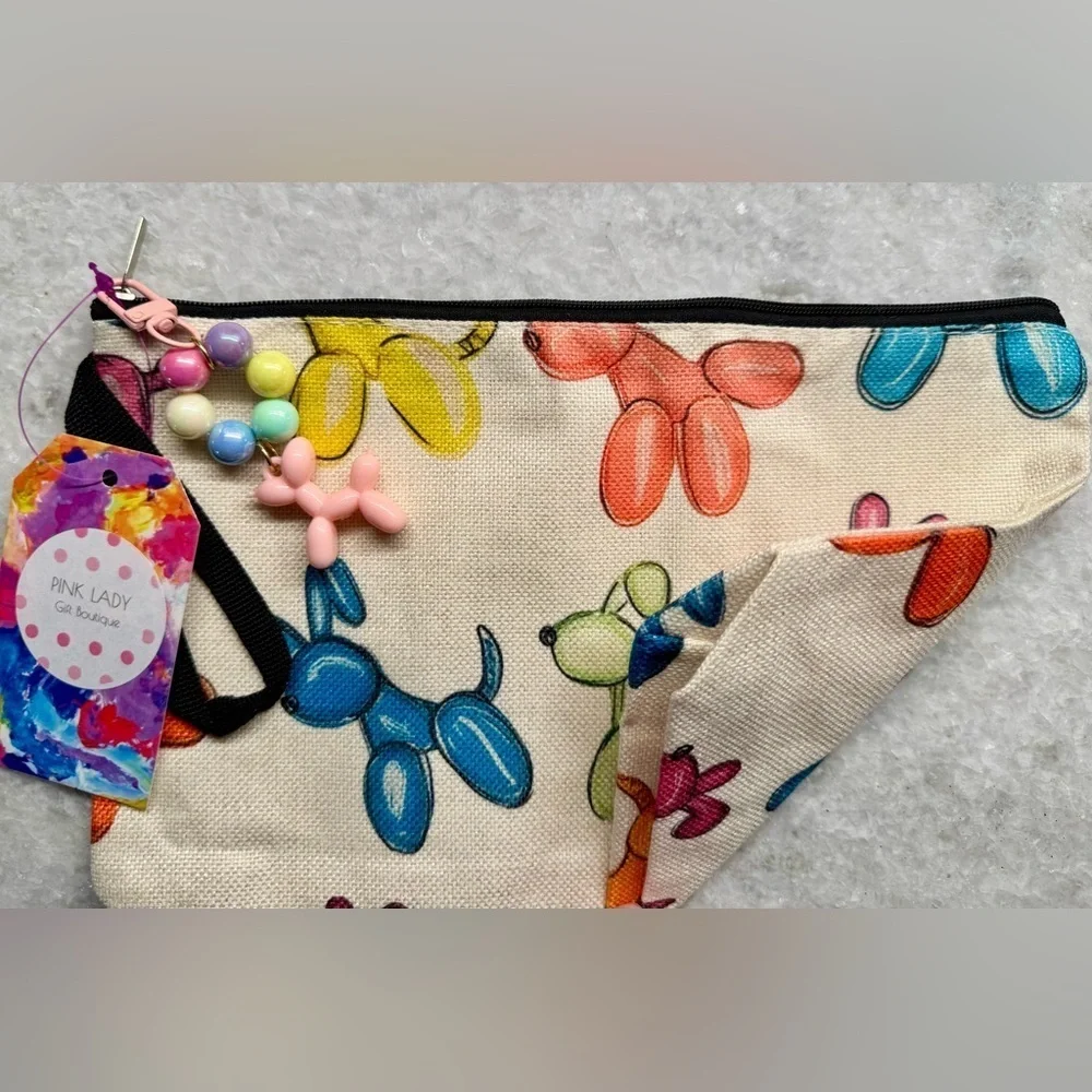 New Colorful Balloon Dog Makeup Tech Pencil Zippered Bag Pouch w/ Charm - 10.5”